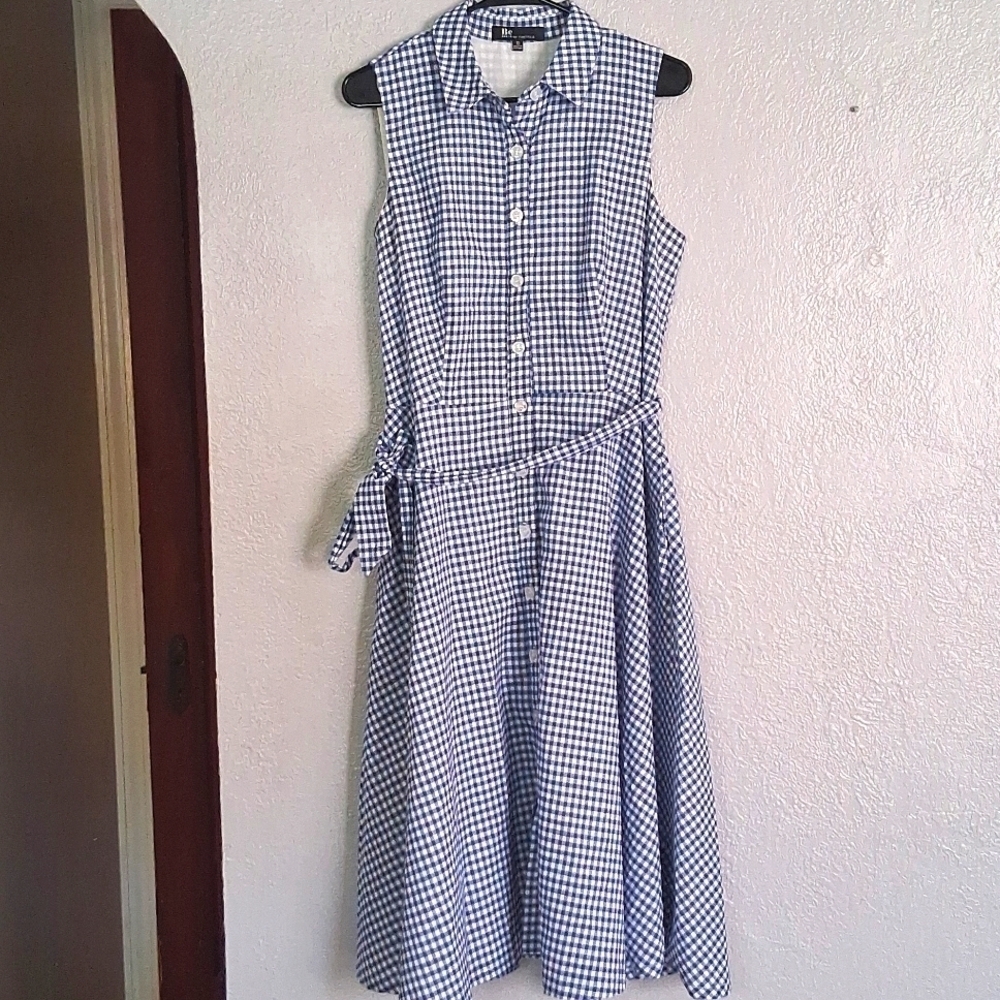 B By Chetta B Blue Gingham Fit n' Flare Button Down Dress Linen/Cotton Lined 10